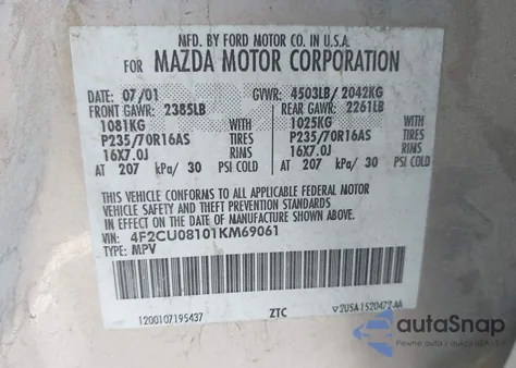 2001 Mazda Tribute Es V6/Lx V6 from USA, damaged, VIN 4F2CU08101KM69061